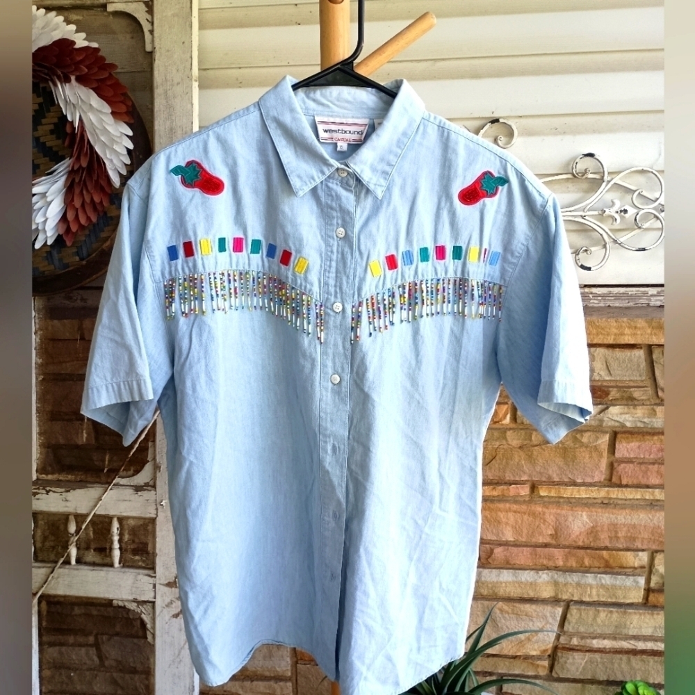 Vintage Westbound Light Blue Shirt with Colorful Embroidery_XL